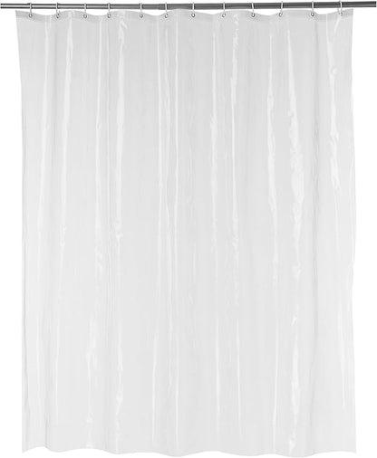 Basics Water Resistant 8-Gauge PEVA Shower Curtain Liner with Metal Grommets and Plastic Hooks, 72"L x 72"W, Clear