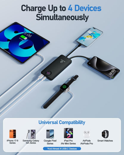 Power Bank,10000mAh 22.5W Max Portable Charger Built in Cables?4 Outputs 2 Inputs External Phone Powerbank,5V/3A Fast Charging Travel Charger for iPhone Android iPad,(Pearl Black)