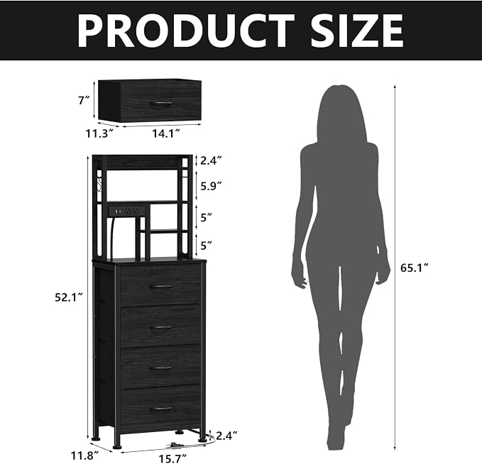 Tall Nightstand, LED Night Stand with Charging Station and USB Ports, 4 Fabric Drawers and 4 Tier Storage Shelf, Nightstands Bedside Tables for Bedroom, Dorm, Office (Black Oak)