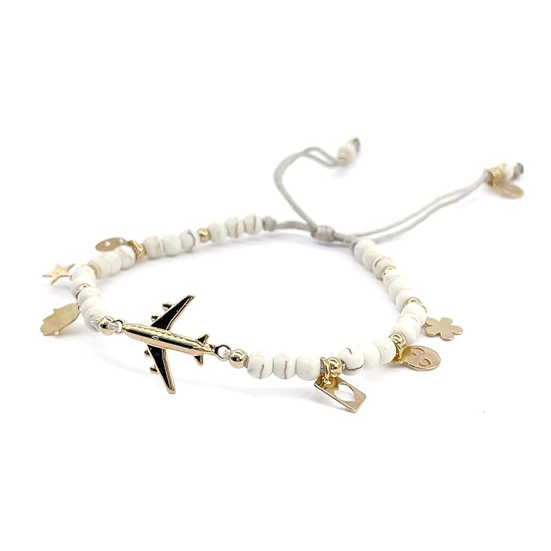 Delicate Travel Fans Bracelet Made with Natural Stones and Symbolyc Charms Special to Fly Lovers Adjustable for Women and Young Girls