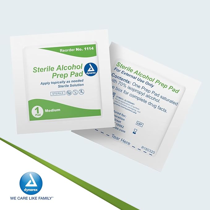Dynarex Alcohol Prep Pads, Medical-Grade and Non-Woven Prep Pads, Saturated with 70% Isopropyl Alcohol, Rapid-Acting Antiseptic Wipes, 1-Ply, Medium, 1 Box of 100 Alcohol Prep Pads