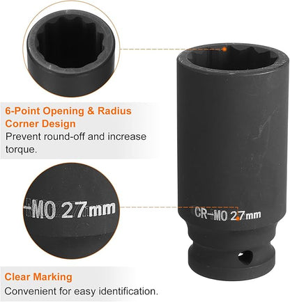 HARFINGTON 12-Point Deep Impact Socket 12 Inch Drive 27mm Metric Chrome Molybdenum Alloy Steel Spindle Axle Nut Impact Socket