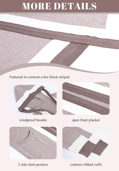 chouyatou Women's Color Block Vertical Striped Open Front Oversized Hooded Long Cardigan Sweaters with Pockets