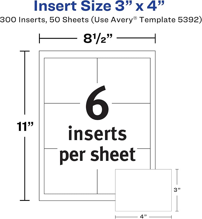Avery® Customizable Name Badge Inserts for Name Tag Holders, 3" x 4", White, Laser/Inkjet Printable, 300 Total (5392)