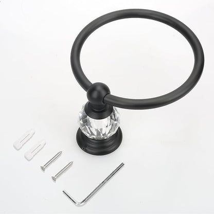 Black Crystal Towel Ring, Bathroom Towel Holder Ring, Matte Black Bathroom Towel Rack Hanger Home Hand Towel Ring Towel Holder for Bathroom Wall Mounted Bathroom Accessory