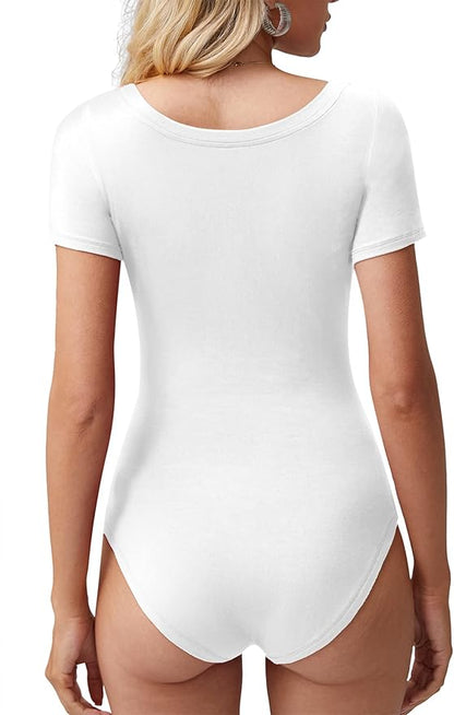 JUEYUN Women's Round Neck Short Sleeve Bodysuit Basic Stretch Slim Fit Body Suit T-Shirts Tops