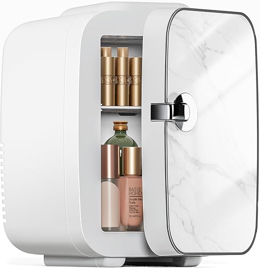 Sweetcrispy Mini Portable Small Refrigerator 4L6 Can Cooler  Warmer Compact Fridge for Skincare, Marble Ivory