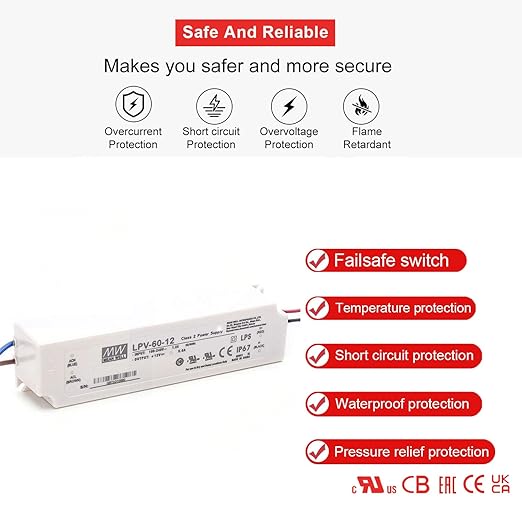 12V 60W Waterproof LED Driver & LPV-60-12 Power Adapter | IP67 Fanless Converter for LED Strips, CCTV, IoT Devices | 90-264VAC Input