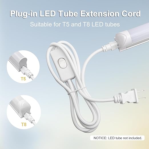 DiCUNO T5 T8 6.6ft tube light extension cable with on-off switch, American plug cable connector for a single integrated LED lamp, shop light, garage