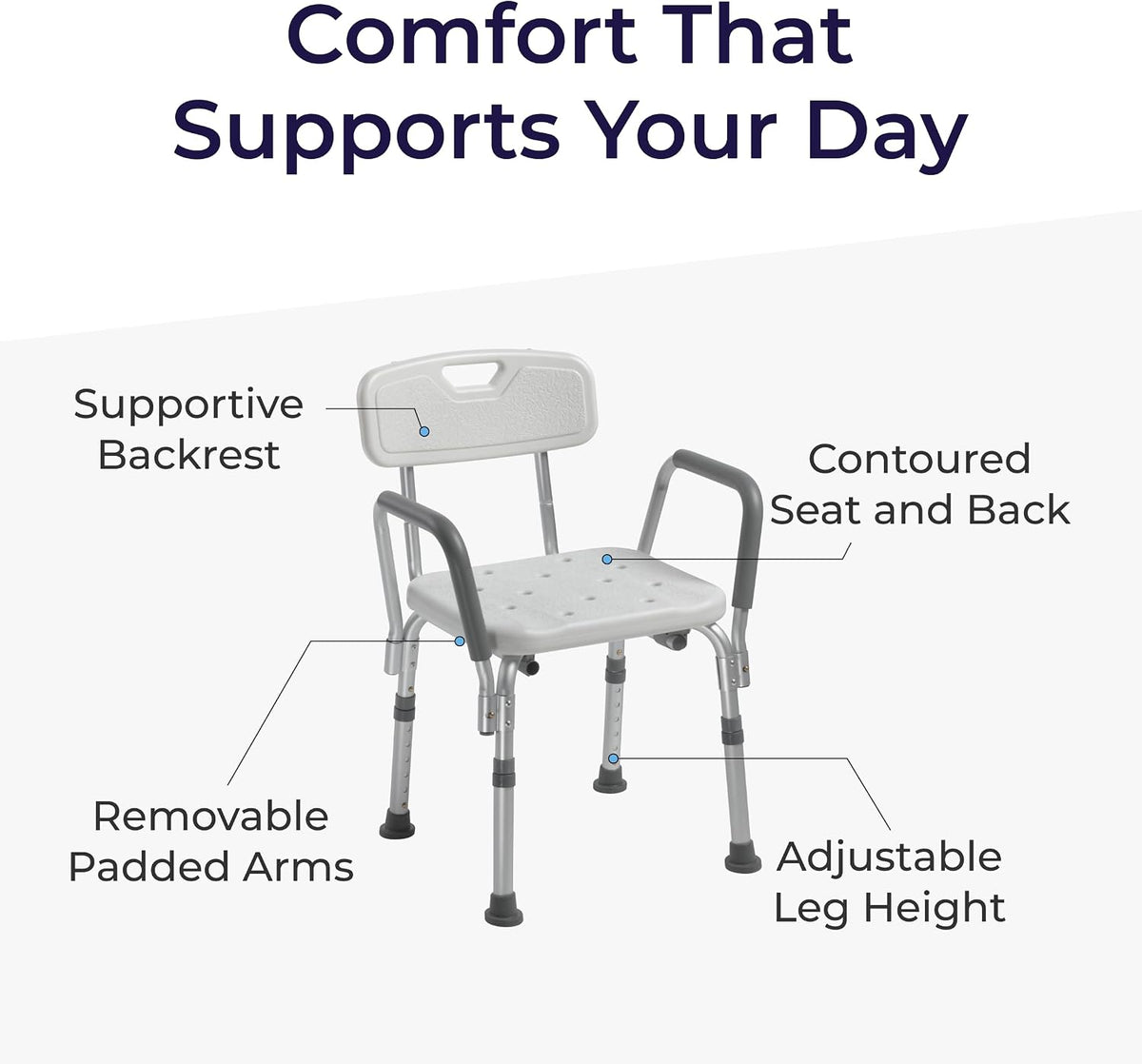 Drive Medical Shower Chair with Back & Padded Arms - Adjustable Height Bath Seat for Safety & Comfort - Lightweight Aluminum Construction- 350 Lb Capacity - White