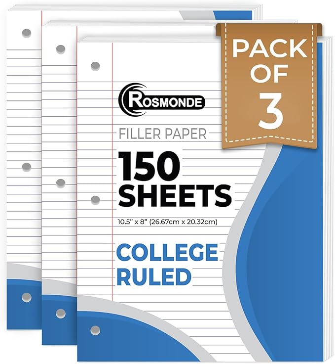 Loose Leaf Paper, 450 Sheets, 3 Pack, College Ruled Paper, 8" x 10.5", Bulk Office Filler Paper, 3 Hole Punched, 150 SheetsPack, 56 gsm Paper, College Ruled Notebook Paper for Binder, White