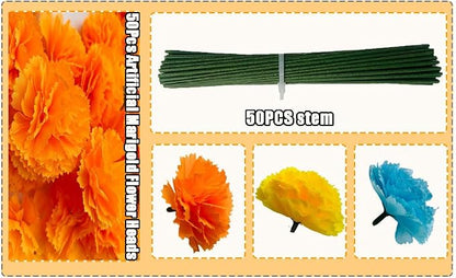 50Pcs Artificial Marigold Flower Heads Silk Marigold Flowers Dia De Los Muertos Bulk Fake Artificial Flowers with 50pcs Stem for Day of The Dead/Halloween/Cake/Desktop/wreath DIY Decorations (Orange)