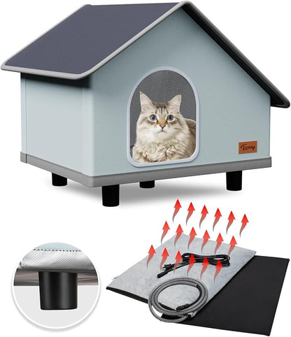 Toozey Large Elevated Heated Outdoor Cat House 100 Waterproof with Insulated Aluminum, 2 Mat, Sturdy Safe Feral Shelter for Winter Indoor Outside with Thermostatic Pet Heating Pad 19.7" X 16" X 17.7"