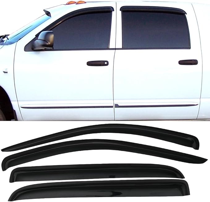 IKON MOTORSPORTS - Window visor compatible with Dodge Ram Mega Cab 2006-2009, slim style, acrylic, unpainted, black, rain cover, wind ventilation air deflector, 2007 and
