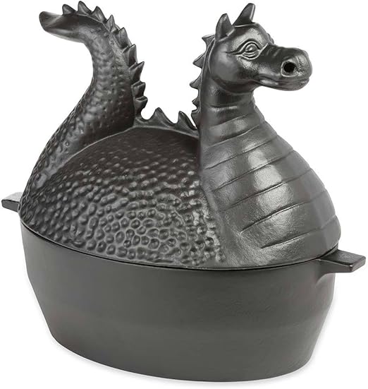 Plow & Hearth Dragon Wood Stove Steamer | Cast Iron | Matte Black | Rust Resistant | Functional Alternative | 2.75 QT Cap | 12.5 L x 7.5 W x 10.75 H