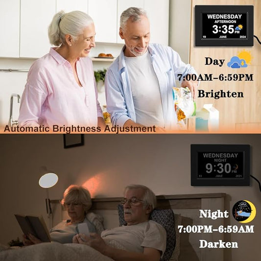 AINFTIME Digital clock with date and day of the week for the elderly-12 alarms, medication reminder, dementia, Alzheimer's, calendar with extra large screen (7 inches, black)
