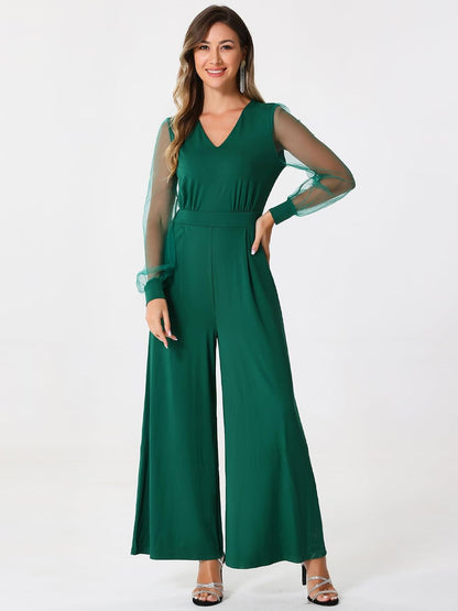 Color Black - Allegra K Women's Elegant V Neck Mesh Long Sleeve Loose Wide Leg Romper Party Jumpsuits