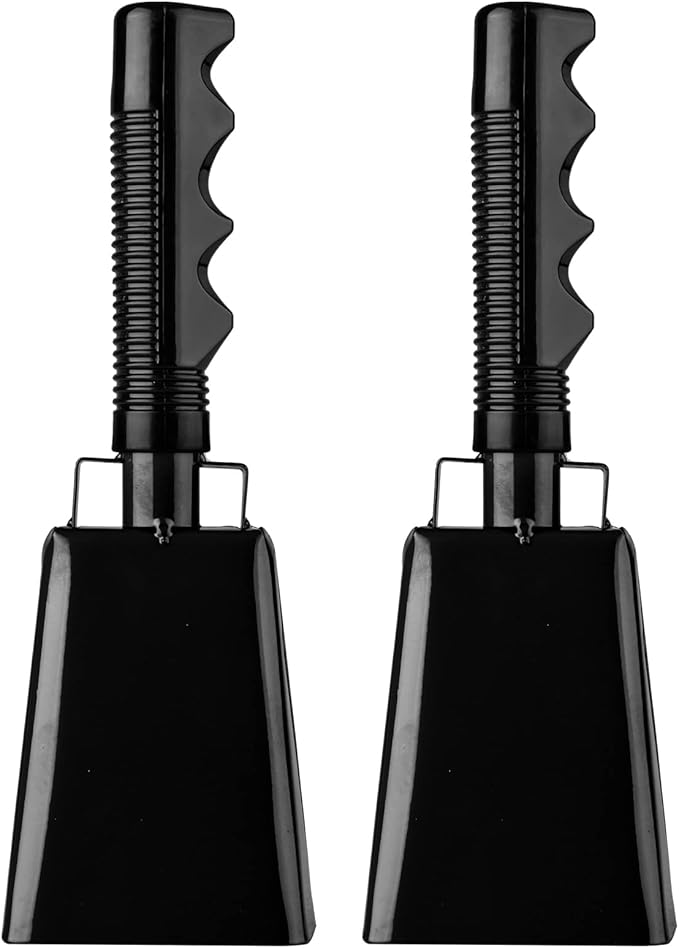 8 inch steel cow bells with handle, cheerleading hand bell for sporting events, football games, parties, farm, hand bells, musical instruments (8 inches, black)