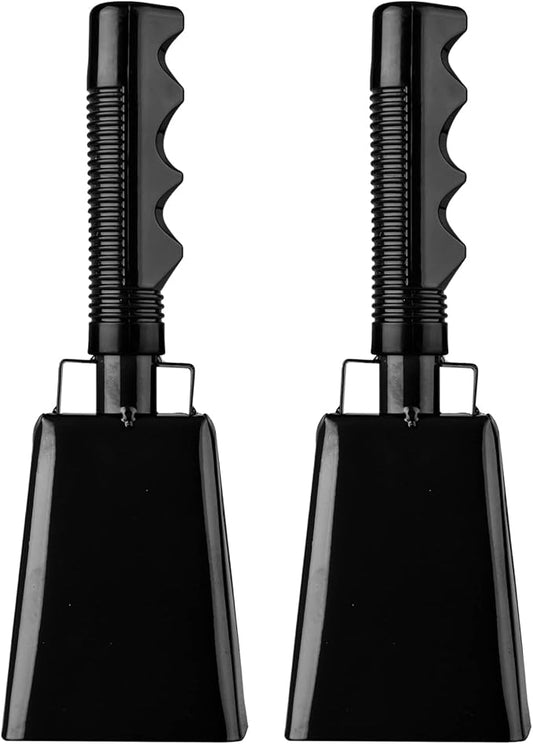 8 inch steel cow bells with handle, cheerleading hand bell for sporting events, football games, parties, farm, hand bells, musical instruments (8 inches, black)