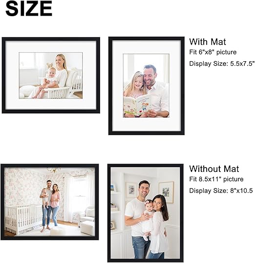 Giftgarden Black 8.5x11 Picture Frame Set of 4, Matted to 6x8 Picture or 8.5 x 11 Inch Certificate Award Document Without Mat, Wall and Tabletop Display