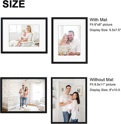 Giftgarden Black 8.5x11 Picture Frame Set of 4, Matted to 6x8 Picture or 8.5 x 11 Inch Certificate Award Document Without Mat, Wall and Tabletop Display