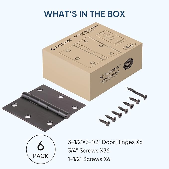 TICONN 6-Pack 3.5 Inch Door Hinges with Square Corner, 3-12 x 3-12 Inch Iron Bifold Residential Doors Hardware (Square Corner, Oil Rubbed Bronze, 6 Pack)