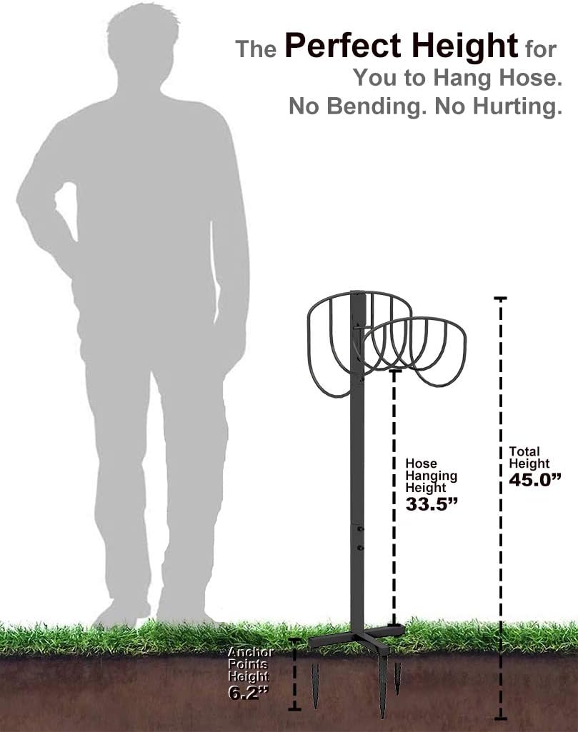 Freestanding Garden Hose Holder Hanger, Outdoor Heavy Duty Metal Water Hose Storage Holders Stand Organizer Rack Detachable Stake, Holds 150 Ft of Hoses for Outside Lawn Yard, Black