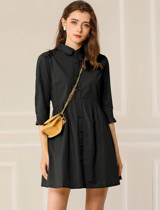 Allegra K Women's Shirt Dress Button Down 3/4 Sleeve School Work Mini Casual Shirtdresses