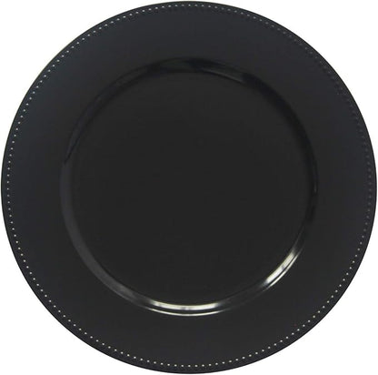 WELMATCH Black Plastic Beaded Charger Plates - 12 pcs 13 Inch Round Wedding Party Decroation Charger Plates (Black, 12)