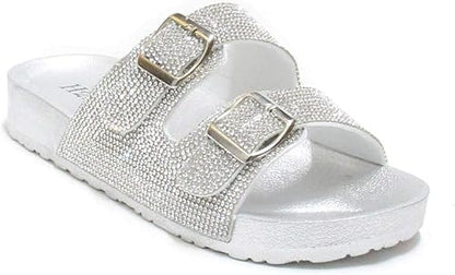 H2K Womens Glitter Double Buckle Adjustable Comfort Slip On Slide Sandals Espen