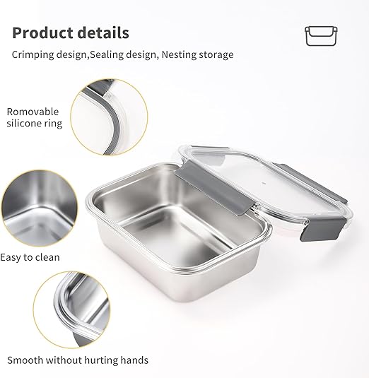 Set of 2 stainless steel food containers with lids, Airtight kimchi containers, Leakproof meal prep bento box, Dishwasher/Oven/Freezer safe