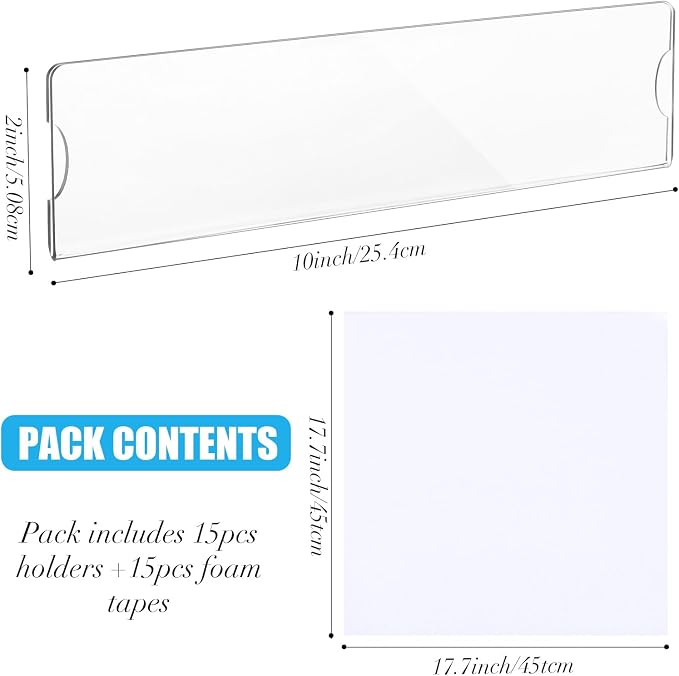 15 Sets Acrylic Name Plate Holder 8'' x 2'' Clear Acrylic Plastic Sign Frame with Adhesive Tape Horizontal Wall Name Plates for Door Office Nameplate Display Trays for Office Home (Adhesive not included)