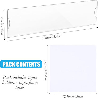 15 Sets Acrylic Name Plate Holder 8'' x 2'' Clear Acrylic Plastic Sign Frame with Adhesive Tape Horizontal Wall Name Plates for Door Office Nameplate Display Trays for Office Home (Adhesive not included)