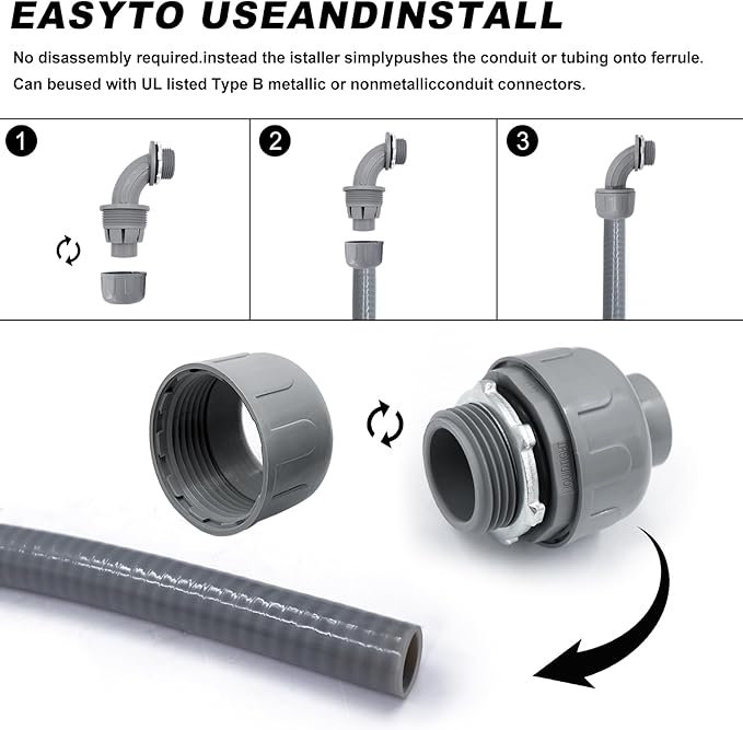 1-12 inch Liquid Tight Connector PVC Flexible Conduit Connector, 180 Degree and 90 Degree UL Listed, Non-Metallic Electrical Conduit Fittings 6 Pack(4 pcs 180D2 pcs 90D)