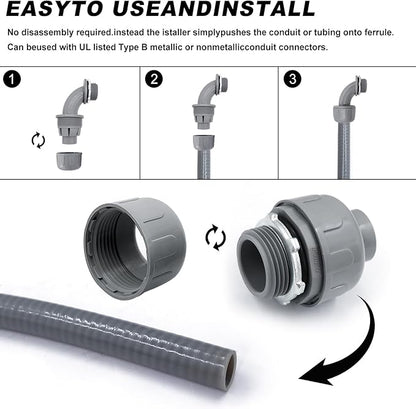 1-12 inch Liquid Tight Connector PVC Flexible Conduit Connector, 180 Degree and 90 Degree UL Listed, Non-Metallic Electrical Conduit Fittings 6 Pack(4 pcs 180D2 pcs 90D)
