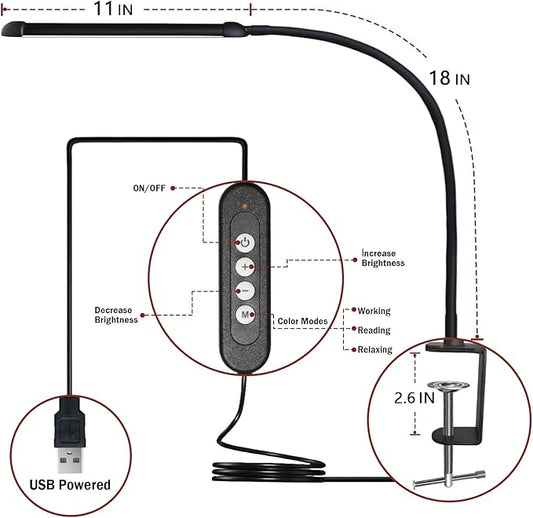 LED Desk Lamp with Clamp, Clamp Light with 30 Adjustable Color Modes, Clip on Light with Long Flexible Gooseneck, Eye Care Lamp Clamp for Study, Work, Home, Office, Black, 12W