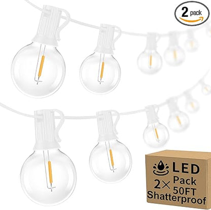 100ft 2-Pack Outdoor G40 LED Globe String Lights Dimmable Shatterproof Waterproof Light Strings with 52 Bulbs Connectable Commercial Hanging Lights for Patio Balcony Backyard Party (White Wire)