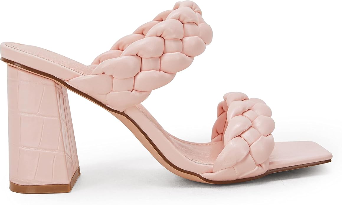 Syktkmx Women's Braided Heeled Sandals Backless Square Open Toe Block Slide Sandals
