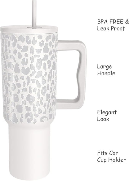 StainlessSteel Tumbler-40oz with Lid,Handle,Straw,Double Wall Vacuum Insulated Leak Proof Travel and Business Mug,best for hot&cold Water,Coffee,Tea,Milkshake,Juice,Soda (white Leopard)