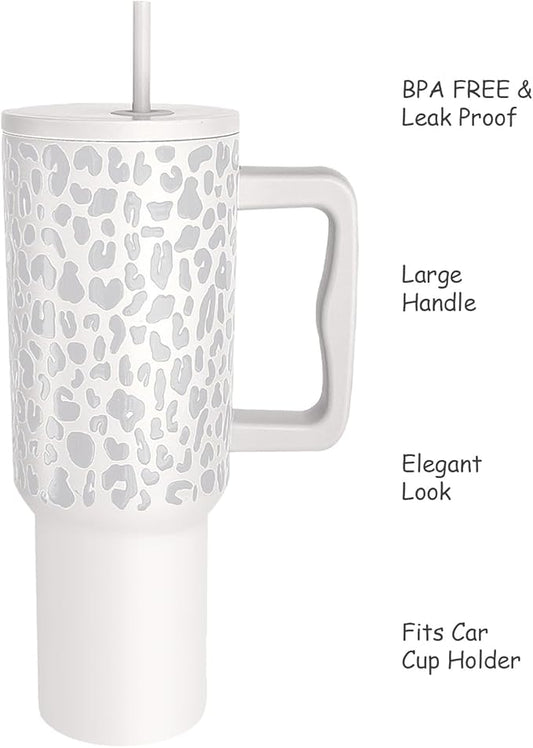StainlessSteel Tumbler-40oz with Lid,Handle,Straw,Double Wall Vacuum Insulated Leak Proof Travel and Business Mug,best for hot&cold Water,Coffee,Tea,Milkshake,Juice,Soda (white Leopard)