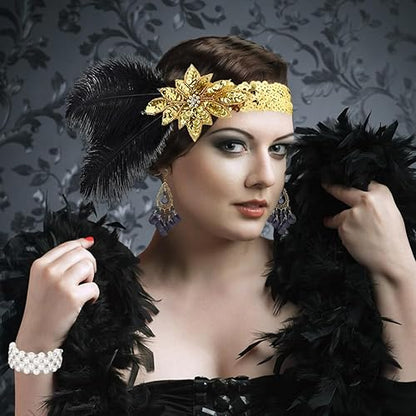 1920S Accessories for Women Pearl Necklace Plume Headband Long Gloves Multi-Layer Rhinestones Pearl Bracelet Earrings