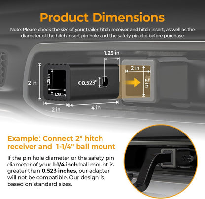 BougeRV 2 inches to 1-1/4 inches Trailer Hitch Adapter 2" to 1.25" Hitch Adapter Insert Sleeve Receiver Converter, Making Bike Rack and Cargo Carrier Fits Rear Trailer Hitch, Fits 1/2“ Hitch Lock Pin