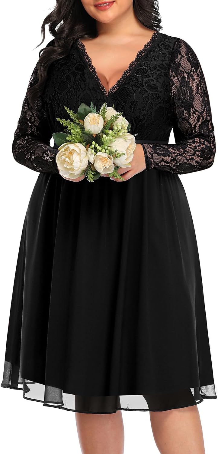 26 W, Women Plus Size Wedding Guest Dresses Cocktail Black Wrap Lace Fall Formal Long Sleeve Knee Length Evening Party Dress .