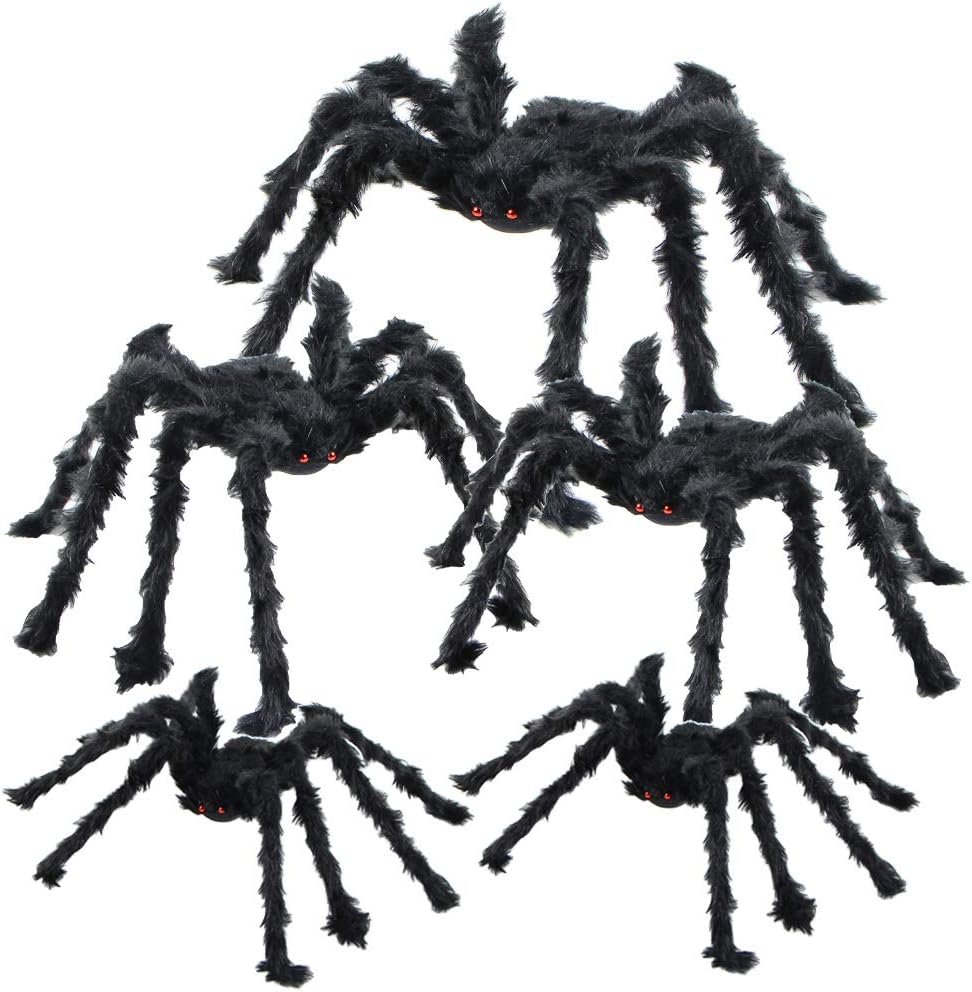 BEIGUO 5pcs Halloween Spider Set: Giant Hairy Spider with Red Eyes, Bendable Legs - Scary Decorations for Patio, Yard, Garden, House (30", 20", 12")