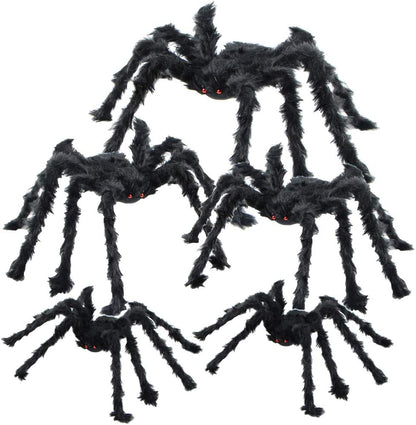 BEIGUO 5pcs Halloween Spider Set: Giant Hairy Spider with Red Eyes, Bendable Legs - Scary Decorations for Patio, Yard, Garden, House (30", 20", 12")