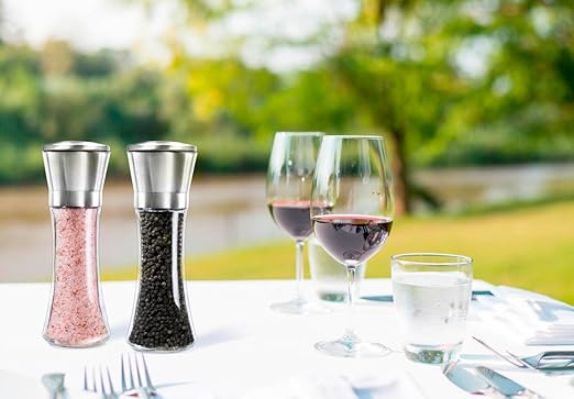 Premium Salt and Pepper Grinder Set of 2- Brushed Stainless Steel Pepper Mill and Salt Mil, Glass Body, Size Grade adjustable ceramic rotor-salt and pepper shakers (tall)