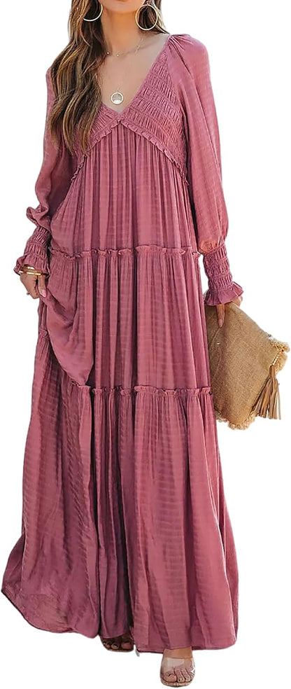 R.Vivimos Maxi Dress for Women Long Sleeve V Neck Empire Waist Layered Ruffle Boho Casual Flowy Long Dresses