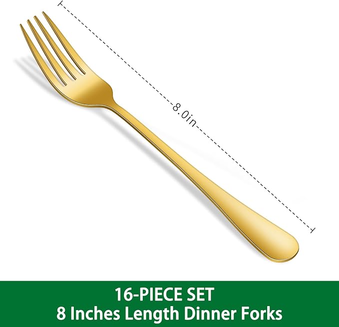 16-Piece Gold 8 Inches Stainless Steel Dinner Forks Set,Golden Silverware Fork,Durable Mirror Polishing Table Forks For Restaurant And Hotel