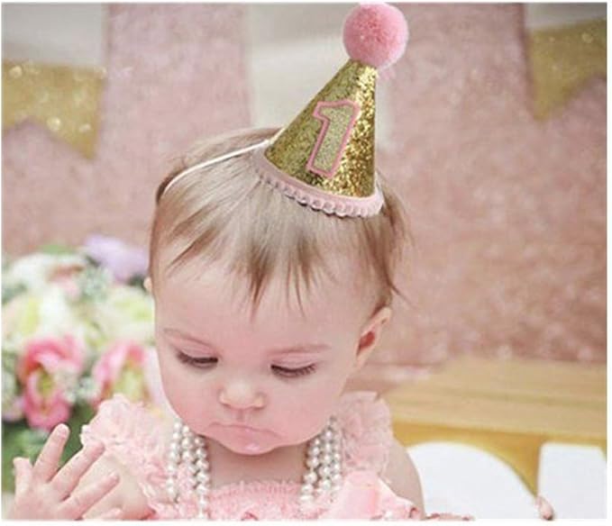 Finduat Baby Girl 1 Birthday Cone Hat, Baby Girl Birthday Tiara Adjustable Headbands for Baby Girl 1st Birthday Party Supplies