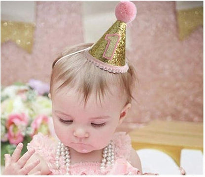 Finduat Baby Girl 1 Birthday Cone Hat, Baby Girl Birthday Tiara Adjustable Headbands for Baby Girl 1st Birthday Party Supplies